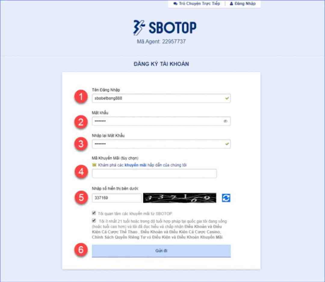 Biểu mẫu đăng ký tài khoản chơi game tại Sbotop