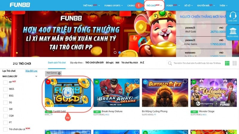 Thao tác đặt cược slot game Fun88 dễ dàng